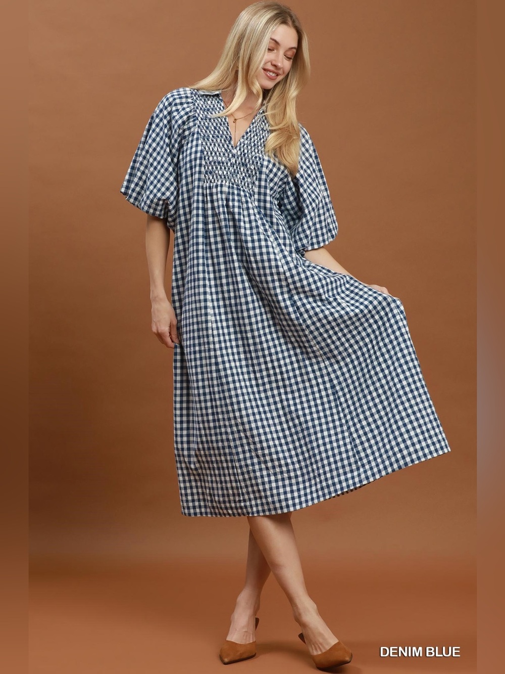 Umgee Puff Sleeve Plaid Midi Dress - Picture 5 of 6